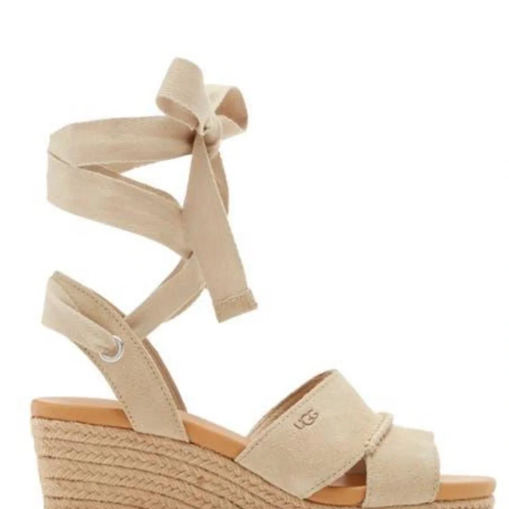 UGG Yarrow Suede Espadrille Wedge Sandals Tan Ankle Tie 1107957 Womens